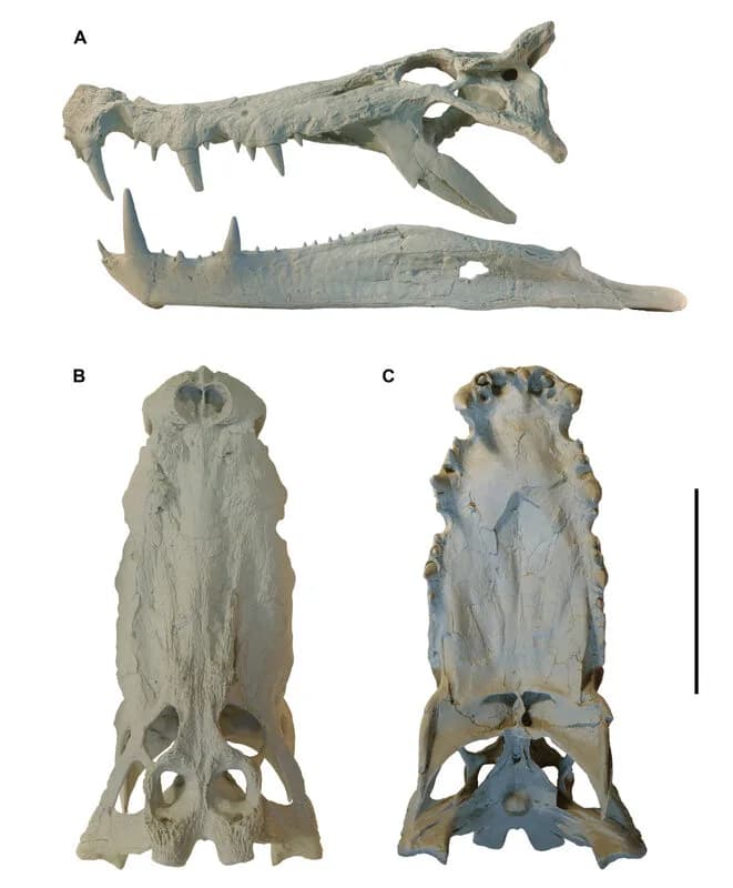 Crâne fossile de Kaprosuchus saharicus montrant les défenses caractéristiques