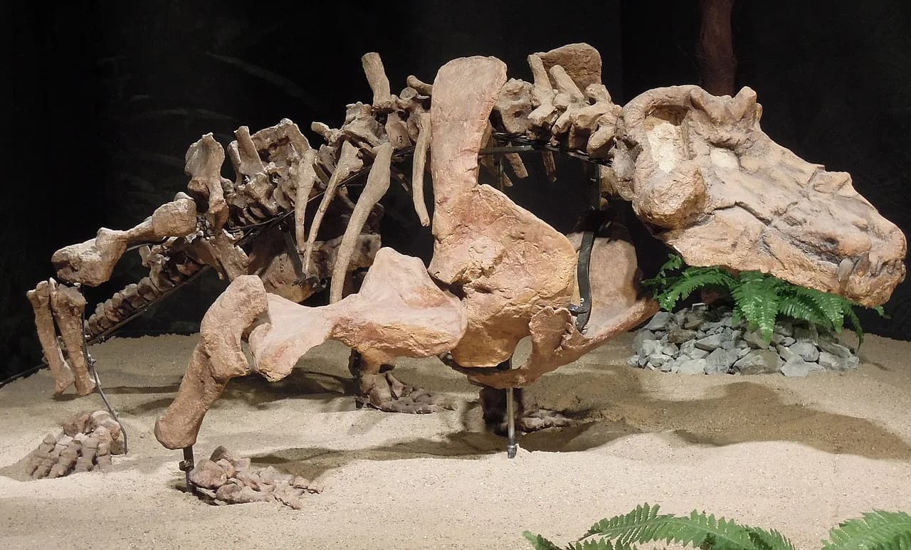 Reconstitution artistique d'Estemmenosuchus uralensis dans son environnement permien