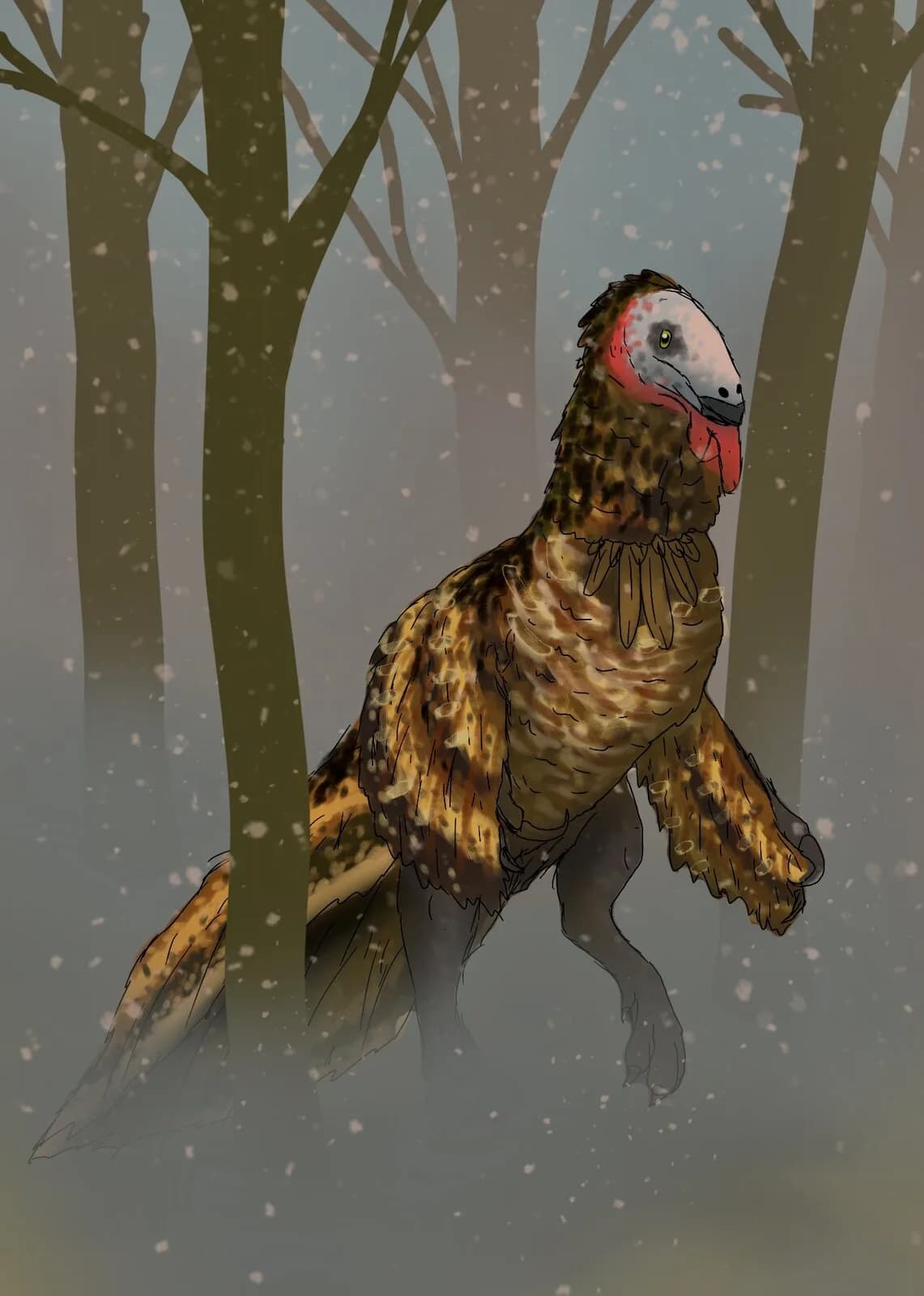 Reconstitution de Beipiaosaurus inexpectus dans une forêt enneigée