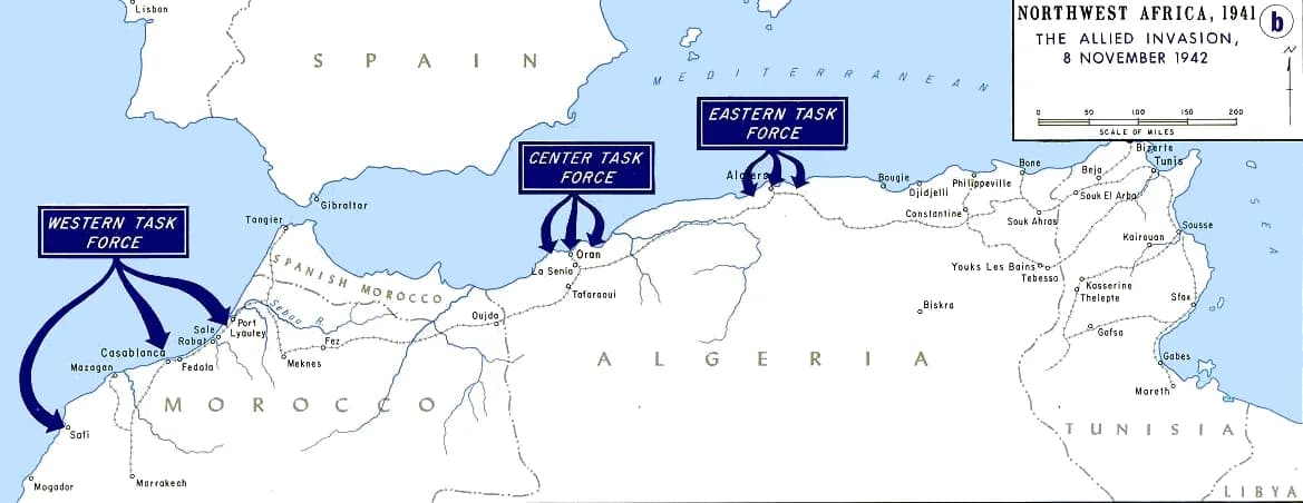 Carte de l'opération Torch en Afrique du Nord