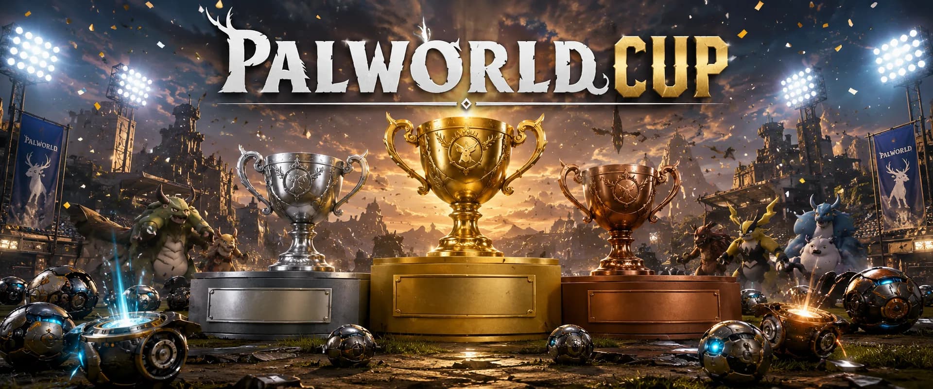 PalWorld Cup — podium or, argent et bronze entouré de Pal Sphères dans un stade