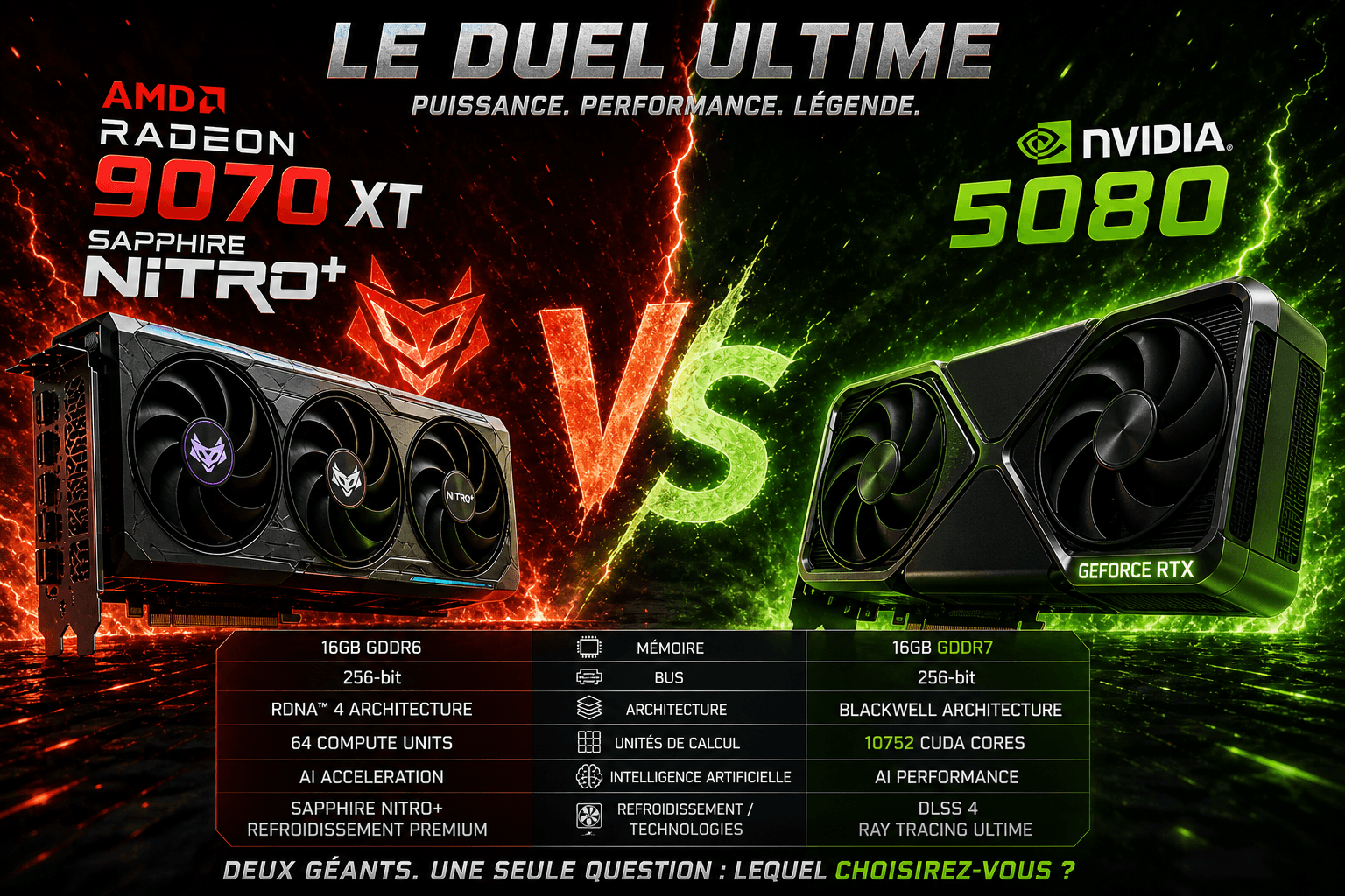 Sapphire Nitro+ Radeon RX 9070 XT face à NVIDIA GeForce RTX 5080 — visuel comparatif