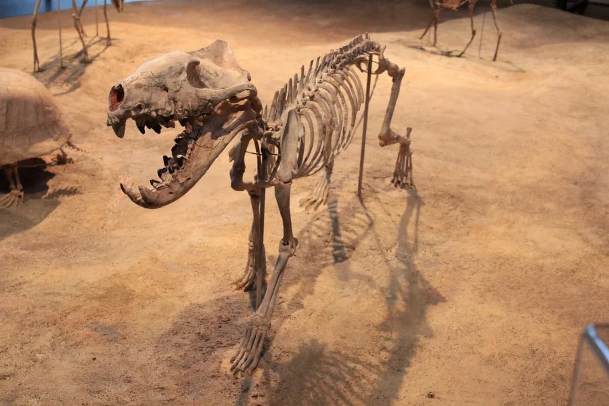 Crâne et squelette fossile de Hyaenodon en exposition muséale