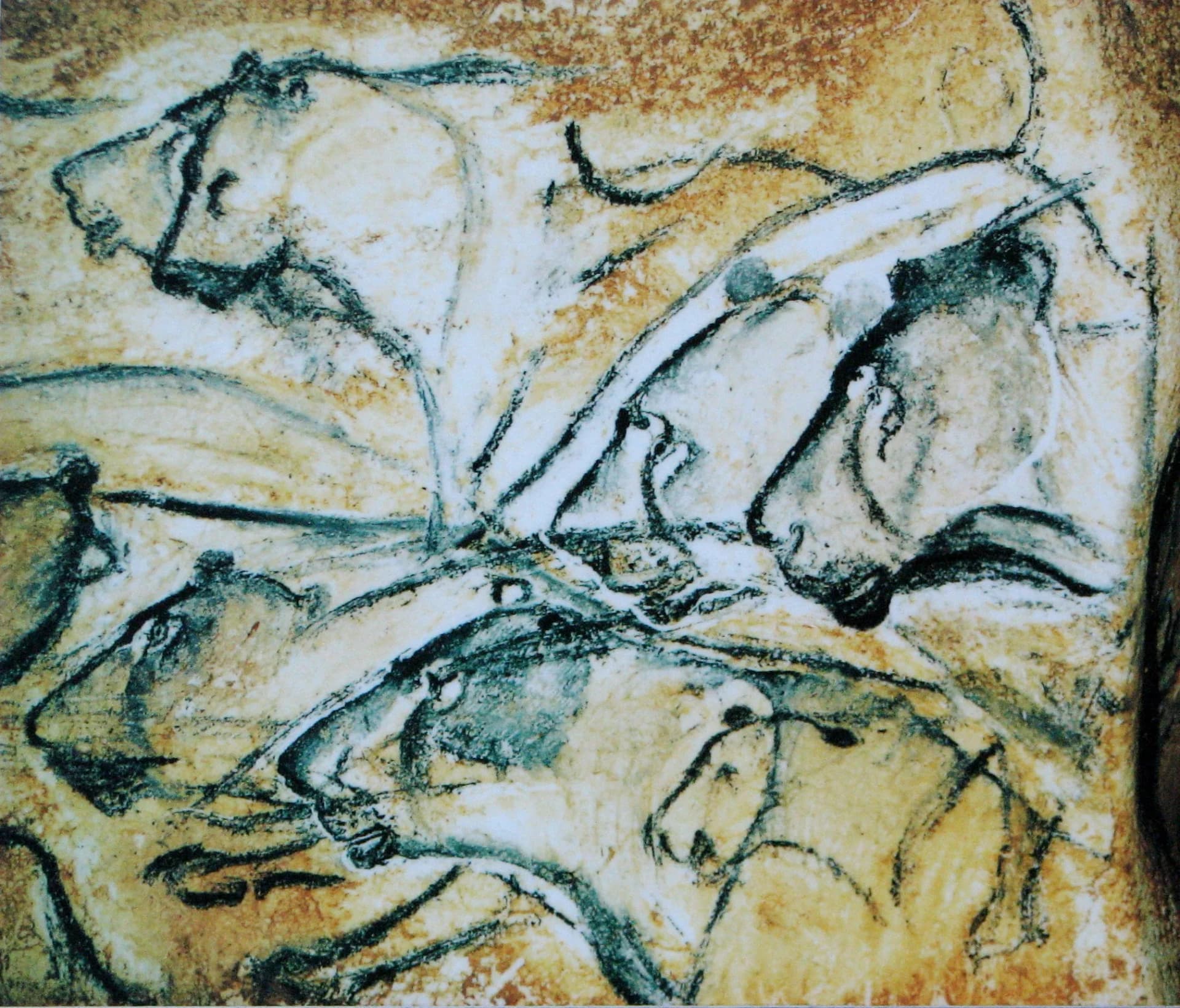 Peinture rupestre de lions des cavernes, grotte Chauvet (réplique)