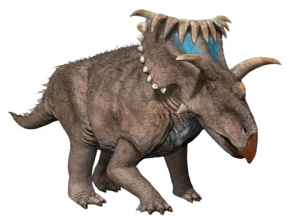 Reconstitution artistique de Kosmoceratops richardsoni dans son environnement marécageux du Crétacé supérieur de Laramidia.
