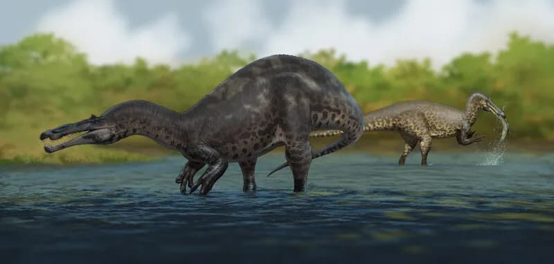 Reconstitution de Suchomimus tenerensis pêchant dans une rivière