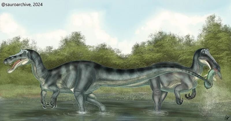 Squelette monté de Suchomimus montrant le museau allongé et les griffes